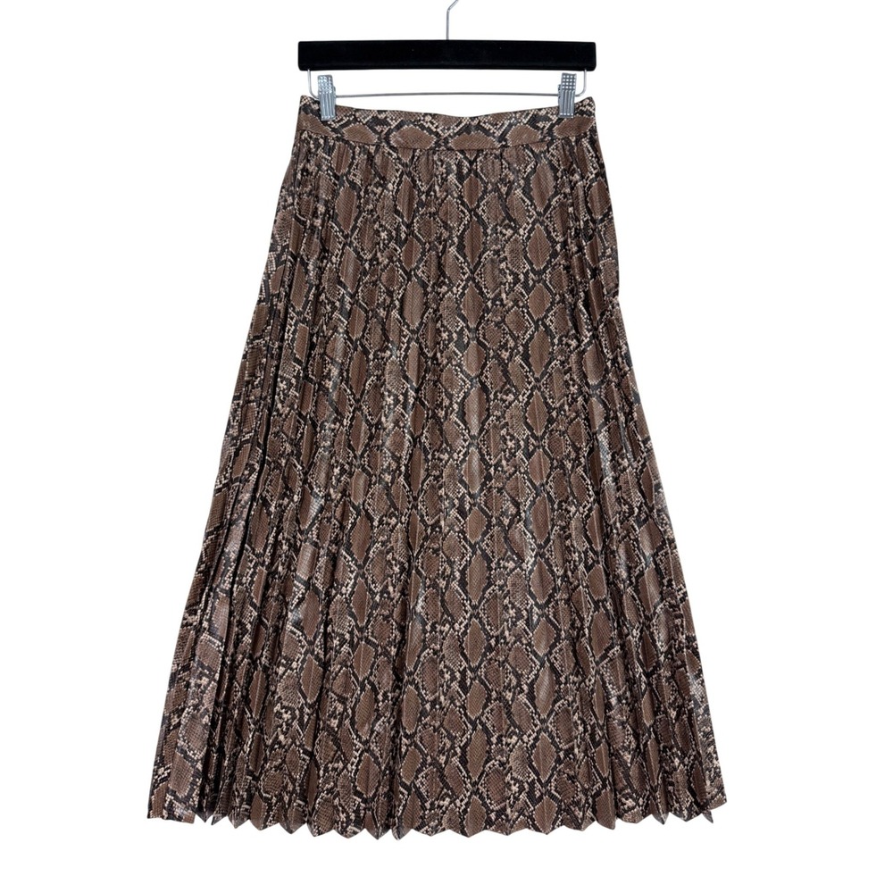 Zara Pleated Midi Skirt Womens Size M Brown Snakeskin Faux Leather 8372/262